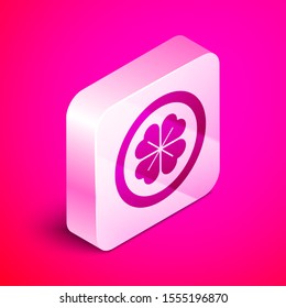 Isometric Gold coin with four leaf clover icon isolated on pink background. Happy Saint Patricks day. Silver square button. Vector Illustration