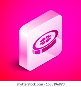 Isometric Gold coin with four leaf clover icon isolated on pink background. Happy Saint Patricks day. Silver square button. Vector Illustration