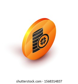 Isometric Gold coin with four leaf clover icon isolated on white background. Happy Saint Patricks day. Orange circle button. Vector Illustration
