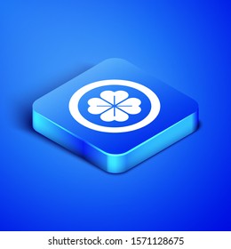 Isometric Gold coin with four leaf clover icon isolated on blue background. Happy Saint Patricks day. Blue square button. Vector Illustration