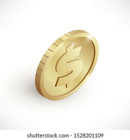 Isometric gold coin icon with dollar sign isolated on white background. 3d realistic cash, banking, casino money symbol for web, apps, design. Vector illustration