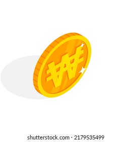 Isometric gold coin icon with Korean Won sign. 3d KRW Cash, currency of Korea, Game coin, banking or casino money symbol for web, apps, design. Korean currency exchange icon vector illustration.