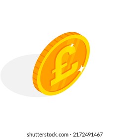 Isometric Gold Coin Icon With Pound Sign. Vector 3d Pound Sterling Cash, Currency Of United Kingdom, Game Coin, Banking Or Casino Money Symbol For Web, Apps. British Pound Currency Exchange Icon.