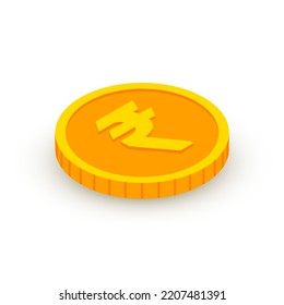 Isometric gold coin icon with Rupee sign. 3d Cash, Indian Rupee currency, Game coin, banking or casino money symbol for web, apps, design. Indian currency exchange vector icon