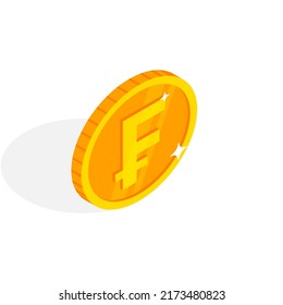 Isometric gold coin icon with Swiss frank sign. 3d Cash, frank currency, Game coin, banking or casino money symbol for web, apps, design. Switzerland currency exchange icon vector illustration