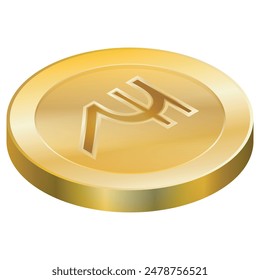 Isometric gold coin with rupee symbol on it. Vector image, EPS10