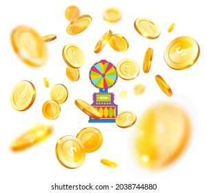 Isometric gold coins with dollar sign in various projections. Money cash symbol near slot machine, casino win. Banking, business, financial operations for web apps infographics. Success, luck prize