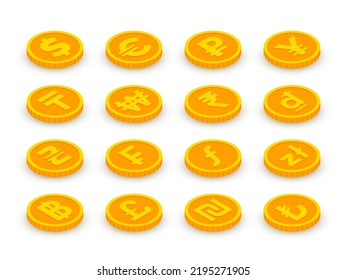 Isometric gold coins icons set with world currency signs. 3d Euro currency, dollar, pound, franc, ruble, yen, rupee, yuan, won, lira and other coins. Vector foreign money symbols for web, design, apps