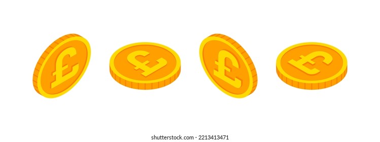 Isometric Gold Coins Set With Pound Sign. Vector 3d Pound Sterling Cash, Currency Of United Kingdom, Game Coin, English Banking Money Symbol For Web, Apps. British Pound Currency Exchange Icon