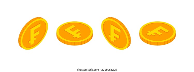 Isometric gold coins set with Swiss frank sign. 3d Cash, frank currency, Game coin, banking or casino money symbol for web, apps, design. Switzerland currency exchange icon vector icon