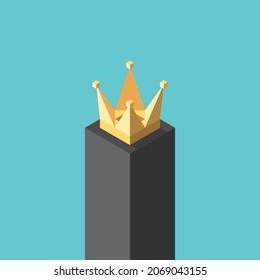 Corona de oro isométrica en un pedestal alto. Autoridad, lujo, riqueza, desigualdad, vanidad, ambición, orgullo y concepto de recompensa. Diseño plano. Ilustración vectorial EPS 8, sin transparencia, sin gradientes