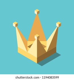 Isometric gold crown on turquoise blue background. Success, luxury and authority concept. Flat design. Vector illustration, no transparency, no gradients