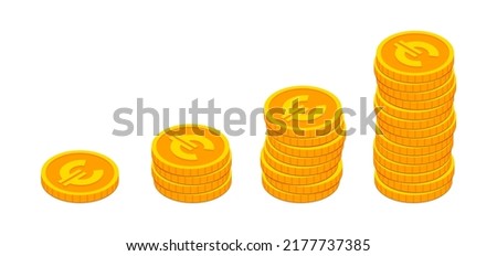 Isometric gold euro coins stacks like income graph. 3d Euro Cash, banking, casino, business, financial, euro growing money concept on white background for web, apps, design. Vector illustration