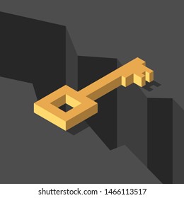 Isometric gold key above dark black deep abyss. Bridging the gap, solution, risk, adversity and challenge concept. Flat design. Eps 8 vector illustration, no transparency, no gradients