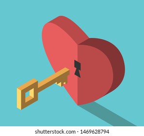 Isometric gold key and red heart with keyhole on turquoise blue background. Love, relationship, understanding and emotion concept. Flat design. EPS 8 vector illustration, no transparency, no gradients