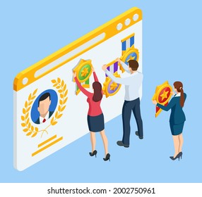 Isometric Gold Medal with Star and Red Ribbon. Metallic Winner Award. Successful Team with Winner Medal. Business Success, Competition Winner, Champion or Leader, Triumph, Prize Award.