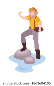 Isometric gold mining rush with characters of miners vector illustration