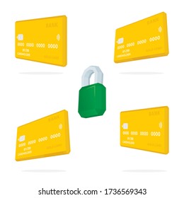Isometric golden bank plastic cards in different view angle and green closed padlock. Banking, finance, account and money transfer concept vector illustrations. Part of set. 