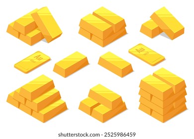 Barras douradas isométricas sobre fundo branco. Investir no setor bancário. Aumento no custo de metais preciosos. Investimentos em títulos dourados. Comprando o aurum ETF