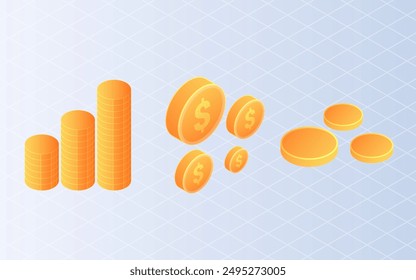 Isometrische goldene Münzstapel. Stapel von Goldmünzen auf weißem Hintergrund