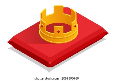 Isometric Golden Crown. Crowning Headdress for King and Queen. Emperor King Crown