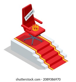 Isometric Golden Crown. Job recruiting advertisement, Job opportunity. Office chair and a sign vacant. Hiring and recruitment.