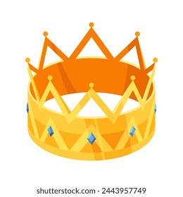 Isometric golden crown. Royal gold headdress for monarch, king or queen with luxury colored gemstones. Vector 3d jewelry isolated on white background