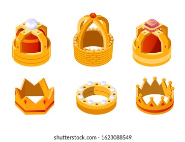 Isometric golden crowns with gems for king or queen set isolated on white background. Crowning headdress for Monarch. Royal gold monarchy medieval coronation imperial symbol, 3d vector illustration