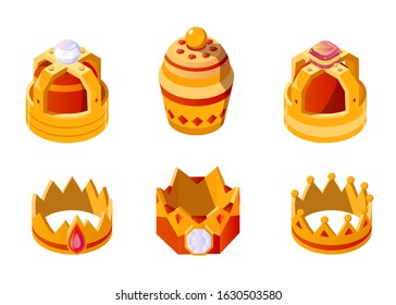 Isometric golden crowns with gems for king or queen set isolated on white background. Crowning headdress for Monarch. Royal gold monarchy medieval coronation imperial symbol, 3d vector illustration