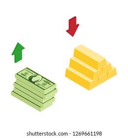 Isometric golden gold bars and dollar banknotes up and down arrows. Currency excange rate concept. Vector illustration