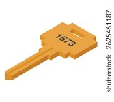 Isometric golden key with number 1573 offering access, privacy, and security