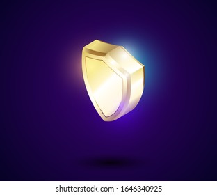 Isometric golden protection shield, 3d guard shild object with glow effects. Modern style.