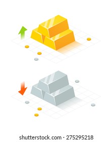 Isometric golden and silver bars and coins. EPS 10. RGB. Transparencies
