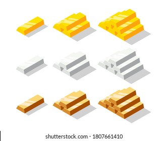 Isometric golden, silver and bronze bars set. Metal bricks or ingot collection isolated on white background