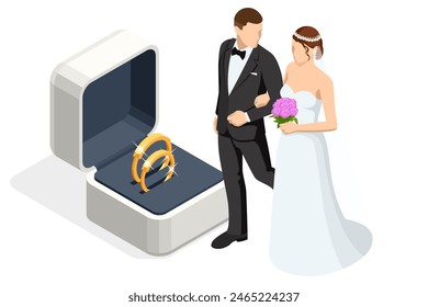 Isometric Golden wedding rings in a gift box, the groom in a suit and the bride in a brown wedding dress. Wedding ceremony. Wedding day.