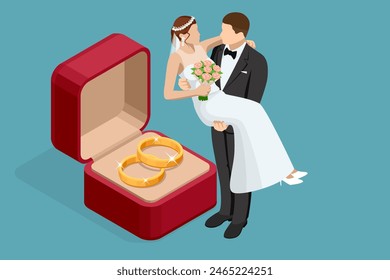 Anillos de boda isométricos dorados en una caja de regalo, el novio en un traje y la novia en un vestido de novia marrón. Ceremonia de Boda. Día de la Boda.