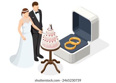 Anillos de boda isométricos dorados en una caja de regalo, el novio en un traje y la novia en un vestido de novia marrón. Torta de Boda con bayas, figuritas de novia y novio en la parte superior. Ceremonia de Boda.