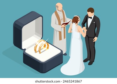 Isometric Golden wedding rings in a gift box, the groom in a suit and the bride in a brown wedding dress Bride and groom on the altar, listen to speech of priest during wedding ceremony in the church