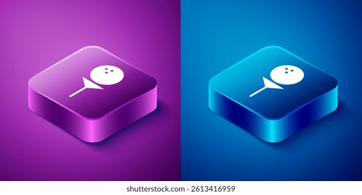 Isometric Golf ball on tee icon isolated on blue and purple background. Square button. Vector Illustration