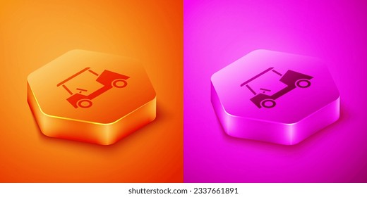 Isometric Golf car icon isolated on orange and pink background. Golf cart. Hexagon button. Vector
