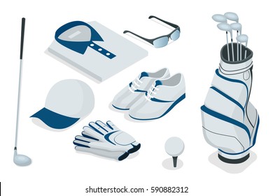 Ropa de color isométrica de golf. Camiseta polo, gorra, pantalones y zapatos. uniforme deportivo. Ilustración plana aislada en fondo blanco para el diseño de su sitio web