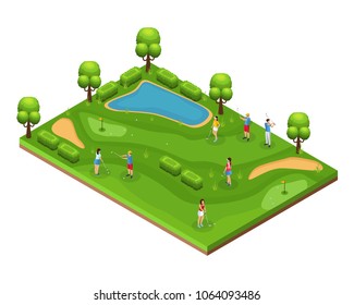 Isometric golf course concept with golfers playing on field flags holes green lawn trees and pond vector illustration