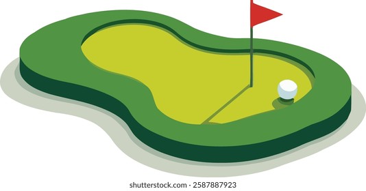 Isometric Golf Course Illustration with Flag and Golf Ball.