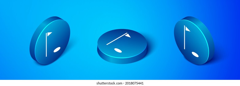 Isometric Golf flag icon isolated on blue background. Golf equipment or accessory. Blue circle button. Vector Illustration