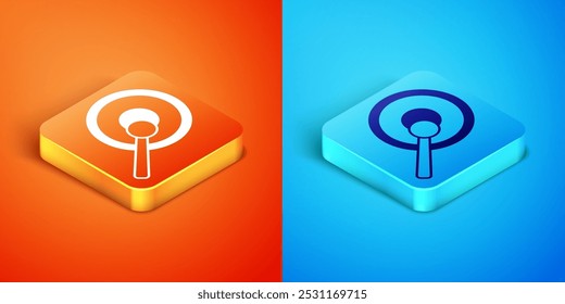 Isometric Gong musical percussion instrument circular metal disc and hammer icon isolated on orange and blue background.  Vector