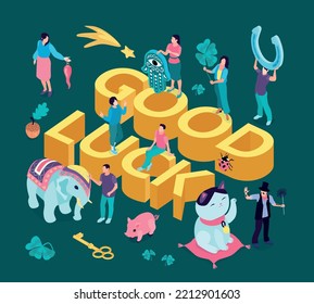 Isometric good luck symbols composition with 3d text and icons of totems mascots horseshoe and people vector illustration