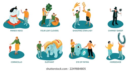 Isometric good luck symbols compositions set with text captions and human characters with mascots and totems vector illustration