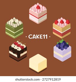 Isometric Gourmet Dessert Collection: Variados Brownies e Mini Bolos em Camadas com Toppings Premium