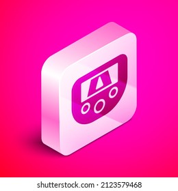 Isometric Gps device with map icon isolated on pink background. Silver square button. Vector