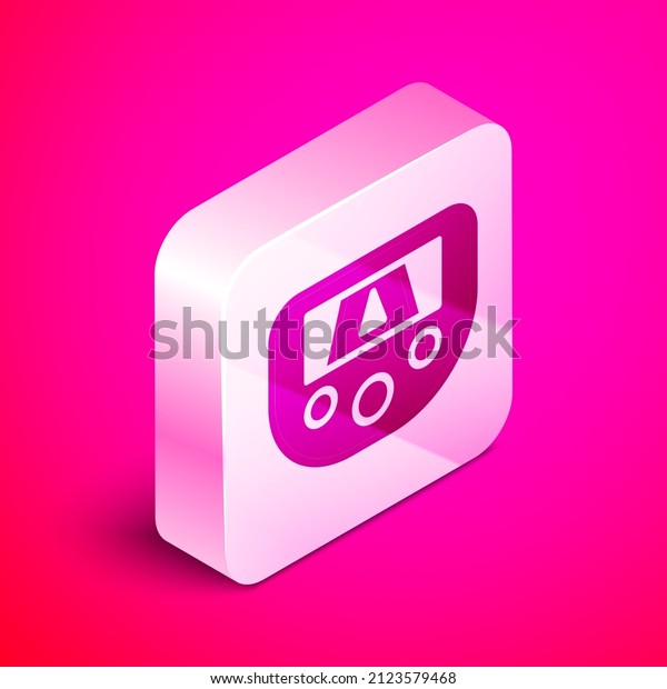 Isometric Gps device with map icon\
isolated on pink background. Silver square button.\
Vector